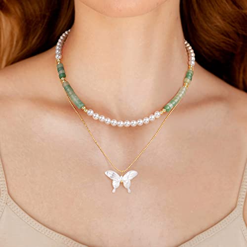 Raicegs Butterfly Pendant Beads Necklace For Women 18K Gold Plated Layered Choker Necklace For Teen Girl Bohemia Summer Jewelry Pearl Green Aventurine #TOP1