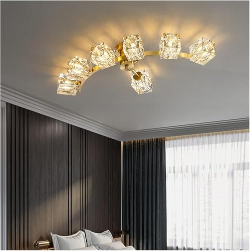 Lámpara colgante de cobre con forma de arco de cristal dorado y LED, lámpara colgante de lujo for comedor, sala de estar y dormitorio,iluminación de techo