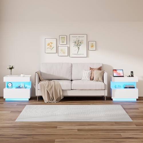 Image of HNEBC High‑Gloss LED Nightstand Set of 2 for Bedroom | Motion‑Sensor 3‑Color Lighting, Hidden Storage Compartment, Gun Drawers, USB, Type‑C & Wireless Charging Station-White Night Stand Set 2