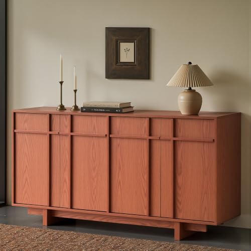 Image of Sideboard Buffet Cabinet with Storage, Mid Century Modern Accent Cabinet with Skeleton Line & Wood Grain Texture, 63 inch Minimalist Credenza for Living Room Kitchen Dining Room Entryway, Cherry
