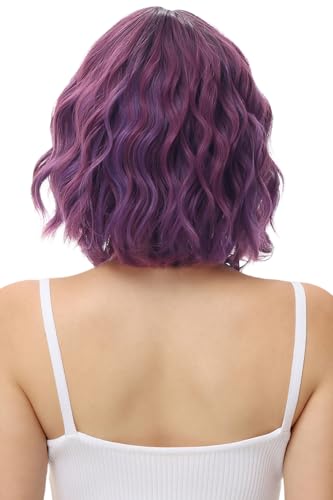 Image of Rose bud Wavy Bob Wig with Bangs Natural Ombre Purple Wig Synthetic Hair Shoulder Length Short Curly Wigs for Women
