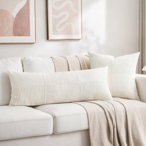 Image of Fancy Homi Set of 2 Cream White Boho Long Lumbar Body Decorative Throw Pillow Cover 14x36 Inch for Bed Couch Bedroom Bench, Soft Patchwork Corduroy Textured Pillow Case, Rustic Farmhouse Room Decor