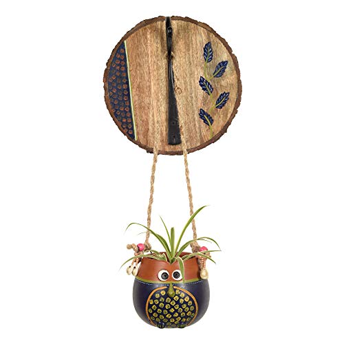 Image of AAKRITI ART CREATIONS Wall Hanging Planter with Hook | Blue & Brown Earthen Planter on Round Wooden, Modern Art, Matte Finish | Metal, Terracotta & Wood | Decorative Hanging Pot for Indoor & Outdoor