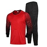 CHICTRY Torwarttrikot Kinder Gepolstert Jungen Langarm Torwart set Patchwrok Fußballtrikot Sportshirt High Waist Torwarthose Kompressionshose mit Hüftschutz Rot 134-140