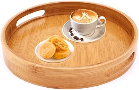 Bamboo Serving Tray, Round Serving Tray with Handles, Breakfast Dinner Tray Serving Platters for Coffee Wine Coffee Tea Fruit Meals (Medium-30x30cm)