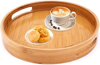 Bamboo Serving Tray, Round Serving Tray with Handles, Breakfast Dinner Tray Serving Platters for Coffee Wine Coffee Tea Fruit Meals (Medium-30x30cm)