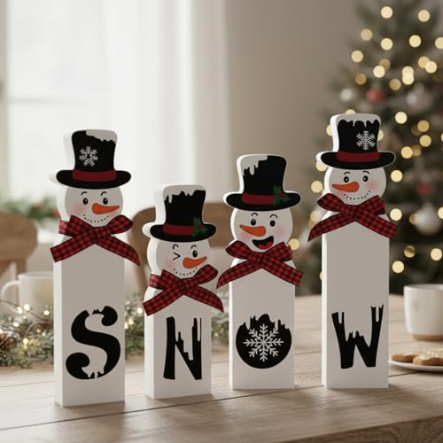 QhgPnt Christmas Decorations, Set of 4 Snowman Tabletop Decor, Traditional Indoor Xmas Decorations, 15 cm Festive Holiday Centerpiece for Home and Kitchen