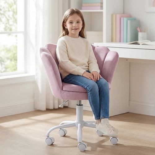DM Kids Desk Chair Ergonomic Reading Study Adjustable Computer Chair for Students Cute Modern Upholstered Velvet Swivel Rolling Arm Chair with Seashell Back for Girls Bedroom, Purple