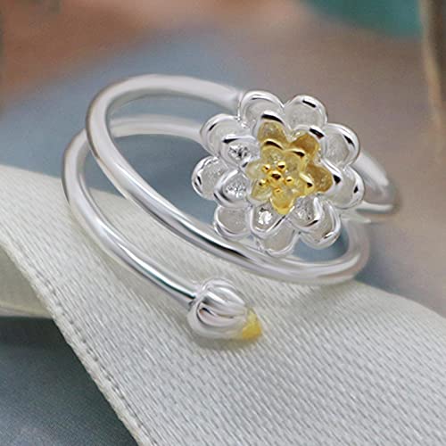 Adjustable Lotus Flower Cocktail Weding Ring Water Lily Floral Stacking Statement Rings Uniquely Stylish Fashion Creative Jewelry For Women Girl Gold Silver Two Tone #TOP5