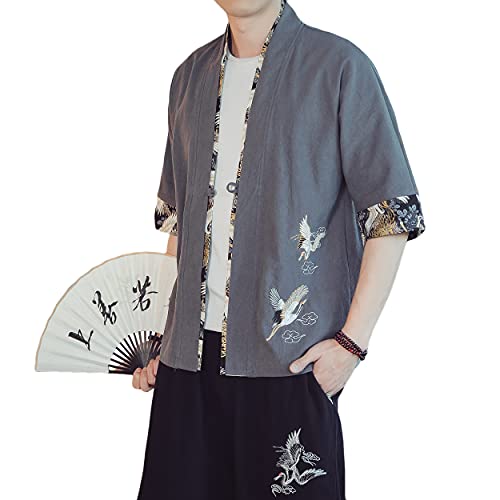 Image of PRIJOUHE Men's Kimono Jackets Cardigan Lightweight Casual Cotton Blends Linen Seven Sleeves Open Front Coat Outwear