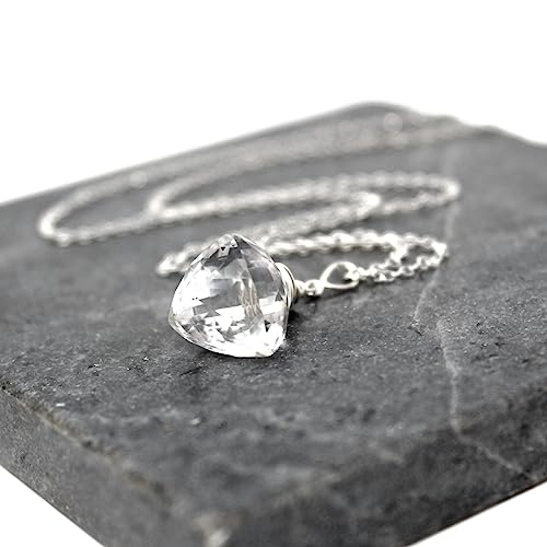 Clear Crystal Quartz Necklace Sterling Silver Trilliant Gemstone Briolette Pyramid 20 Inches #TOP4