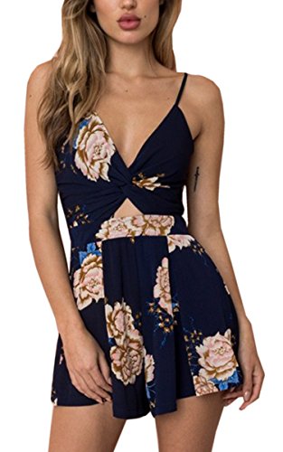 Angashion Women's Sexy V Neck Printed Spaghetti Strap Beach Romper Shorts Jumpsuit ,0697 Navy Blue,Medium