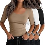 Neer 3 Pack Women's Scoop Neck Tops Half Sleeve Slim Fitted Cotton Blend Stretchy T-Shirts Tight Casual Basic Tees(Small,Black, Khaki, White)