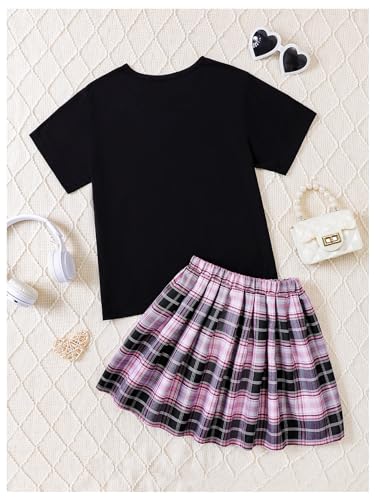 Image of Floerns Girl's Two Piece Outfit Japanese Letter Print Tee Shirt with Plaid Skirt Purple 11-12Y