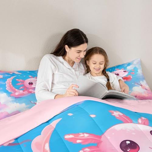 Image of Feelyou Cute Axolotl Bedding Set Cherry Blossoms Girls Comforter Set for Kids Teens Cartoon Salamander Ultra Soft Comforter Kawaii Ocean Sealife Duvet Set Room Decor Full Size Quilt Set