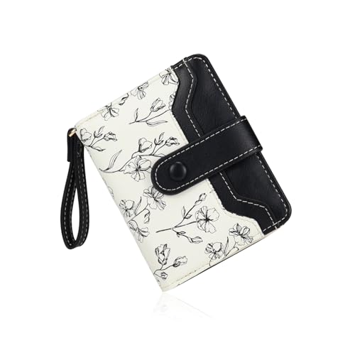 Image of WisePoint PU Credit Card Holder, Mini Card Wallet with Metal Snap and Zipper, Floral Pattern Bifold Wallet for Shopping, Travelling and Commuting (Black)