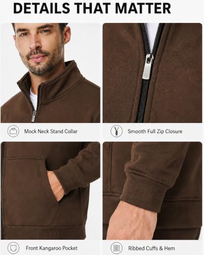 Menoio Men's Fleece Full Zip Up Sweatshirt Casual Lightweight Long Sleeve Mock Neck Jackets with Pocket(M,Dark Brown) - 4