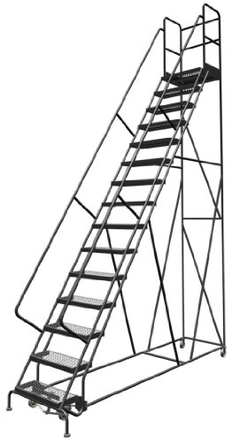 Image of Tri-Arc KDSR115242-D2 15-Step 20 inch Deep Top Steel Rolling Industrial & Warehouse Ladder with Handrails, 24 inch Wide Grip Strut Tread