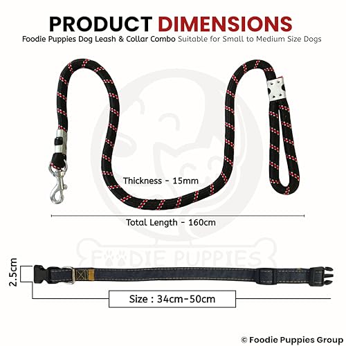 Image of Foodie Puppies Dog Leash and Collar Combo Set - (Nylon Leash + Denim Collar) | Handle Adjustable Heavy Duty for Training & Walking | for Small to Medium Dogs (Colour May Vary)
