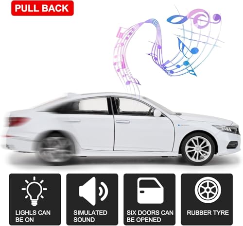 Image of Toy Cars Compatible for 1:24 Accord Model Car | Pull Back Die-Cast Alloy Vehicle with Lights & Sound | Openable Doors | Collectible Toy Car Gift for Kids Boys Girls & Adults (White)