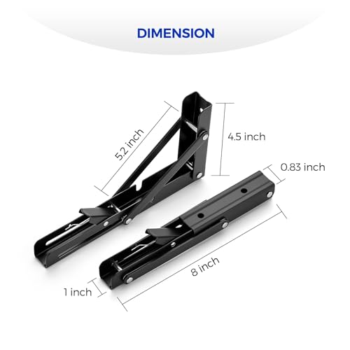 Image of Ravinte 4 Pack 8 Inch Folding Shelf Brackets - Matte Black, Heavy Duty Collapsible Brackets for Tables and Benches - Space-Saving Design