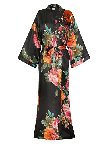 Womens Silk Kimono Robe Long Floral Bridesmaids Robe Satin Wedding Party Bridal Robe Dressing Gown Loungewear
