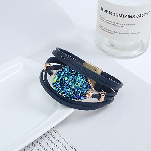 Blue Genuine Leather Wrap Bracelet For Women Boho Layered Cuff Bracelets With Resin Stone Charm Multi Strand Bangle Bracelets Jewelry For Teen Girls Sister And Mother #TOP6