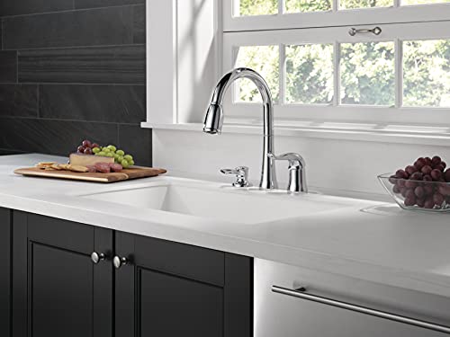 Delta Kate Chrome Kitchen Faucet with Pull Down Sprayer and Soap Disperser, Modern Two Hole Kitchen Sink Faucet, Single Handle, Chrome 16970-SD-DST by DELTA - Image 2