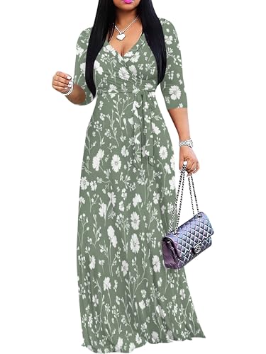 Image of Plus Size Dresses for Women Floral Print Maxi Dress Flowy 3 /4 Sleeve with Belt