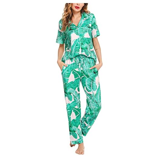 Lovasy Pyjamas för damer, tvådelat dampyjamas-set, pläd, långa byxor med fickor, B-grön blomma, XL