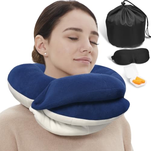 BUYUE Travel Neck Pillows for Airplanes Memory Foam 360 Head Support Sleep for Long Flight Skin-Friendly & Breathable Kit with Eye Mask Earplugs and Storage Bag (Adult Navy 90+ lbs)