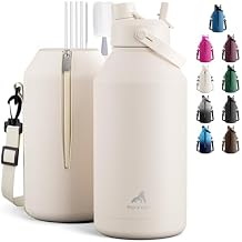 POWCAN 64 oz Water Bottle Insulated with 2-in-1 Straw and Spout Lid, Carrier Bag, Handle Strap, Leakproof, BPA-Free, Half Gallon Metal Water Bottle for Camping, Picnic and Hydration Cream