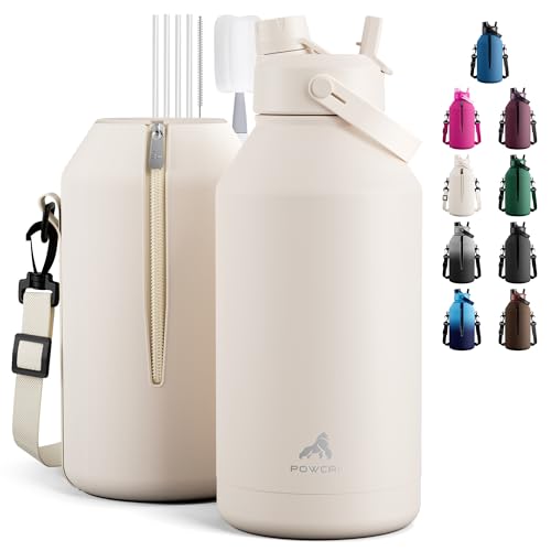 POWCAN 64 oz Water Bottle Insulated with 2-in-1 Straw and Spout Lid, Carrier Bag, Handle Strap, Leakproof, BPA-Free, Half Gallon Metal Water Bottle for Camping, Picnic and Hydration (Cream)