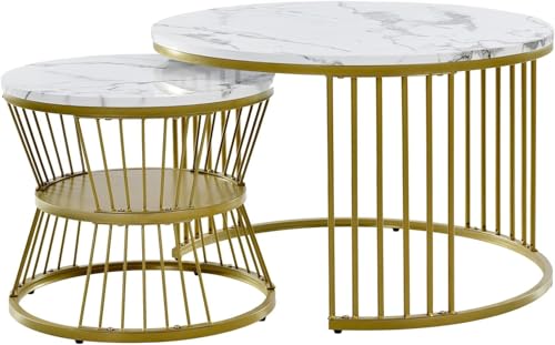 Image of Nesting Coffee Table, 20 inch Round Coffee Table Set of 2, Wooden Nesting Table with Metal Frame, Center Tables for Living Room Bedroom Balcony Bedside Table Gold White