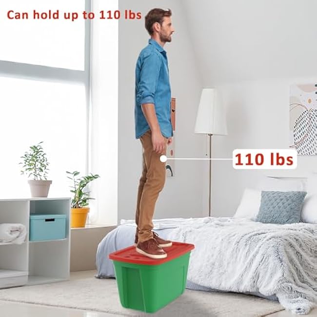 4-Pack Christmas Storage Totes with Lids (Red/Green),18-Gallon(72-0uart) Organization Bins, 25.50x17.00x15.25 Holiday Organizer, Plastic Storage Container Made in the USA