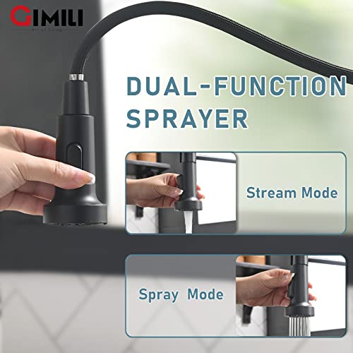 Image of GIMILI Matte Black Kitchen Faucet with Soap Dispenser, Commercial Single Handle Spring Pull Out Kitchen Sink Faucets with Pull Down Sprayer