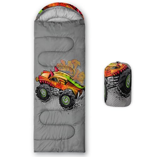 AILONEN Monster Jam Truck Kids Camping Sleeping Bags,Lightweight,Waterproof,3 Season Warm & Cool Weather,Grey,Teen Boys Sleeping Bags for Adults,Traveling,Outdoors