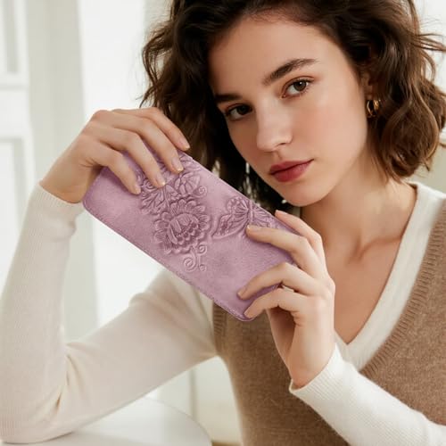 Image of Wallet Women Ultra Slim Thin Rfid 3D Embossed Vegan Leather Womens Wallet Clutch Long Ladies Wallet (03-Purple)