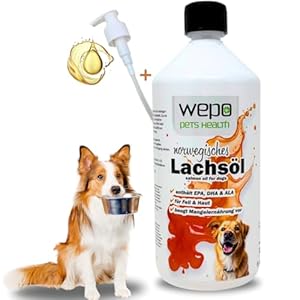Premium Lachsöl 1l – Fischöl für Hunde & Lachsöl für Katzen – Salmon Oil for Cats & Dogs – Inkl. Pumpspender – Frisch produziert & Made in Germany!