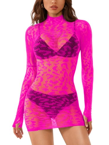 EHSUYAB Women Sexy Leopard Mini Fishnet Bodycon Dress, Long Sleeve Sheer Mesh, Going Out Rave Party Exotic Dancer Outfit 0-14 Neon Pink One Size