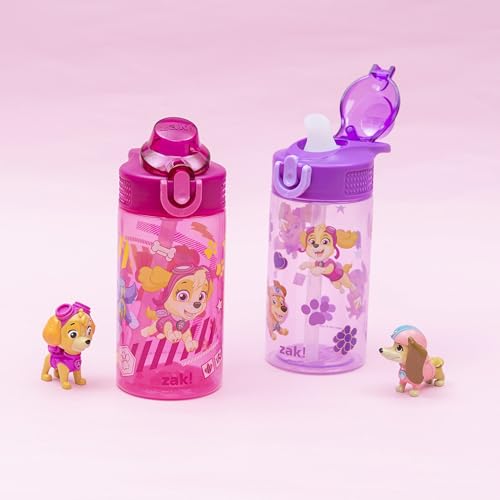 Image of Zak Designs PAW Patrol Sage Kids Water Bottle For School or Travel, 16oz Durable Plastic Water Bottle With Straw, Handle, and Leak-Proof, Pop-Up Spout Cover, 2-Pack Set (Skye & Friends)