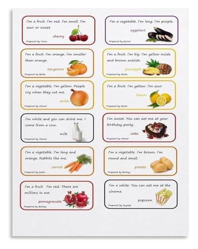 Fun Food Riddle Learning Poster English Vocabulary Cards for Kids Early Education Classroom Playroom Home Decor Canvas Art Print