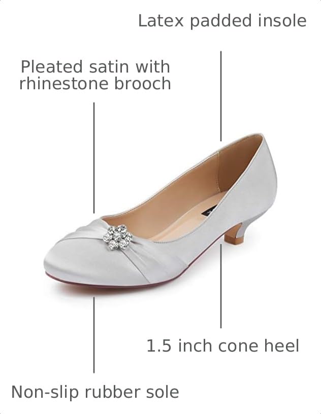 Image of ERIJUNOR Women Closed Toe Comfort Kitten Heels Rhinestones Satin Wedding Evening Dress Shoes