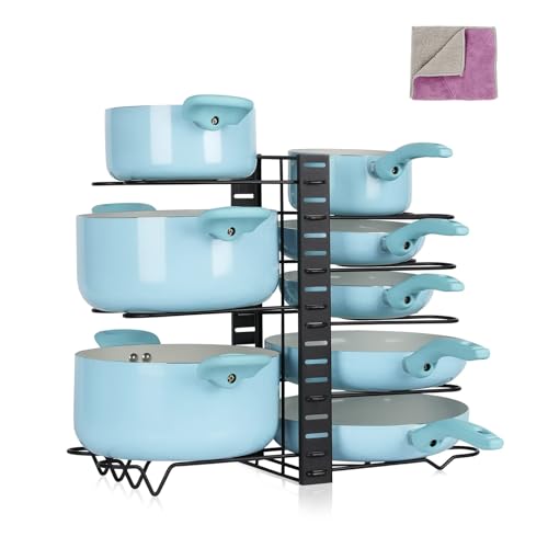 Midyb soporte para sartenes con 8 compartimentos ajustables, Soporte para tapa de olla, tapa de olla cajón para tapa de olla, platos, tablas de cortar y sartenes, negro, envío 1 paño de limpieza