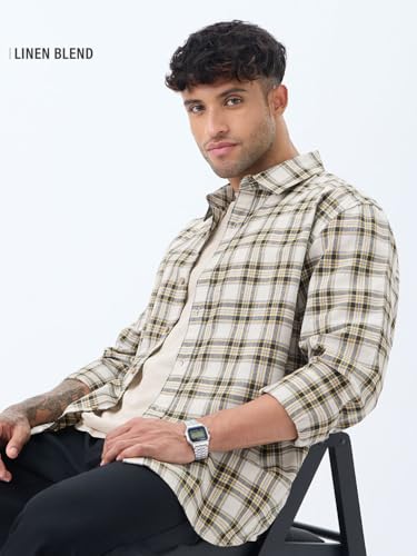 Image of The Souled Store: Blue Sails Men and Boys Long Sleeve Collared Neck Button Front Blue and Cream Checked Embroidered Regular Fit Cotton Linen Shirt