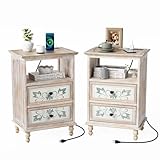 VINGLI White Nightstands Set of 2 with Charging Station, Boho Nightstand, 19.7' x 28.7'H Large Night Stand, Nightstand with Drawers, Tall Night Stand Set 2, Vintage French Country Nightstand