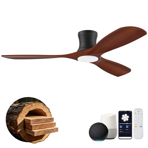 Image of 52 Inch Smart Low Profile Ceiling Fans with Lights Remote,Wood,Flush Mount