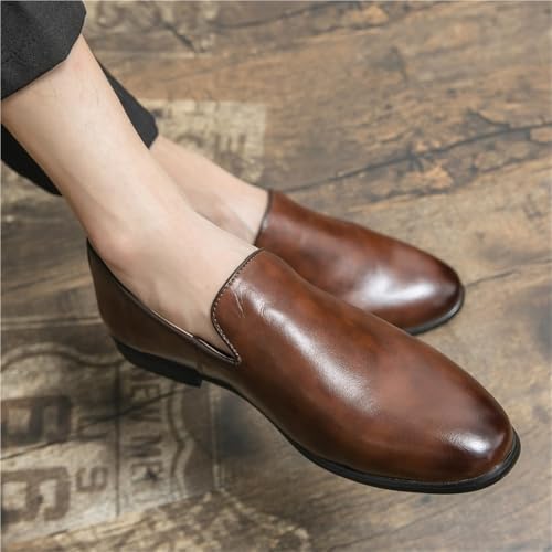 Oxford Formal Shoes for Men Slip On Pointed Burnished Toe Vegan Leather Block Heel Non Slip Low Top Working3