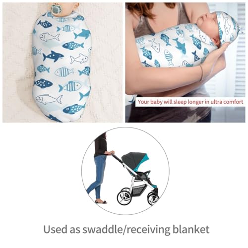 Image of Blue Shark and Fish Newborn Swaddle Blankets Hat Sets Soft Baby Receiving Blanket Swaddle Sack for Baby Shower Infant Boy Girl Gift