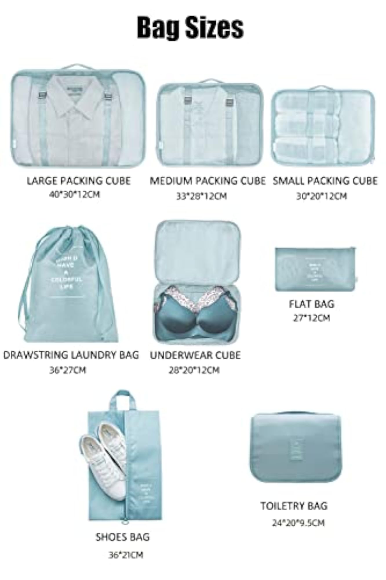 8pc Packing Cubes Set with Toiletry Bag & Laundry Bag